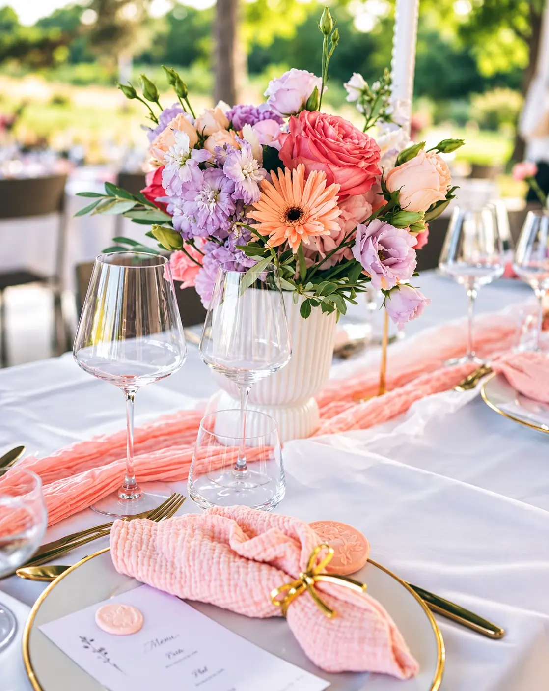 Centre de table aux roses corail, gerbera pêche et giroflées mauves dans un vase blanc cannelé, serviettes et chemin de table pêche, par Mily Fleurs
